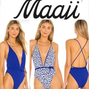 NWOT Maaje Reversible Royal Blue Safari Plunge One Piece Swimsuit Size Medium